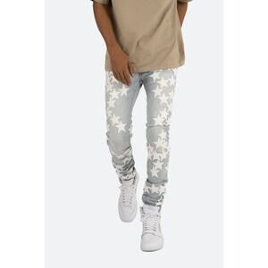 MNML‎ Mens Jeans Size 40 Skinny Lightwash Blue Denim Leather Star Y2K Streetwear